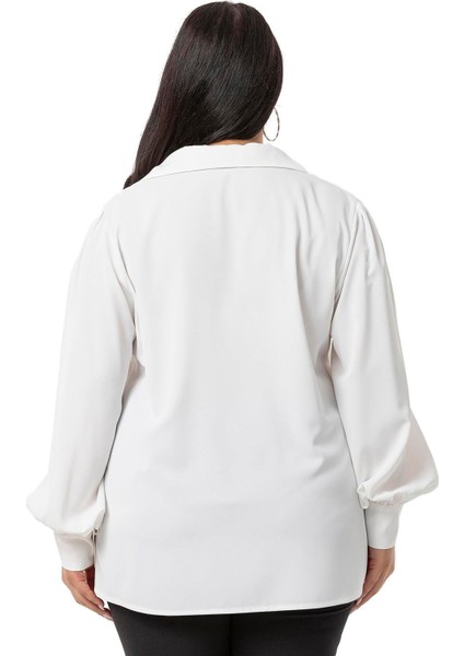 Büyük Beden Gömlek Yaka Manşetli Yanı Yırtmaçlı Beyaz Bluz modelleri