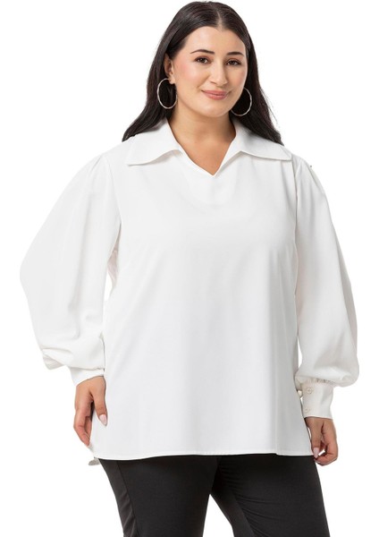Büyük Beden Gömlek Yaka Manşetli Yanı Yırtmaçlı Beyaz Bluz fırsatları