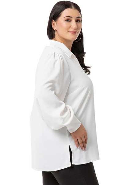 Büyük Beden Gömlek Yaka Manşetli Yanı Yırtmaçlı Beyaz Bluz indirimleri