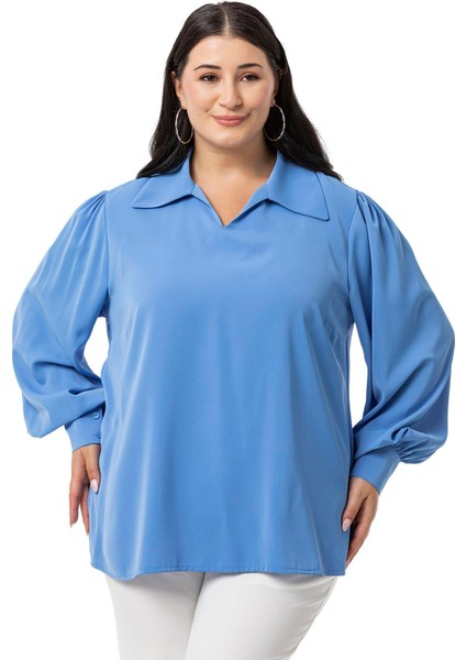 Büyük Beden Gömlek Yaka Manşetli Yanı Yırtmaçlı Indigo Bluz