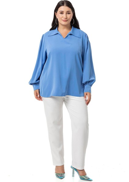 Büyük Beden Gömlek Yaka Manşetli Yanı Yırtmaçlı Indigo Bluz fiyatları