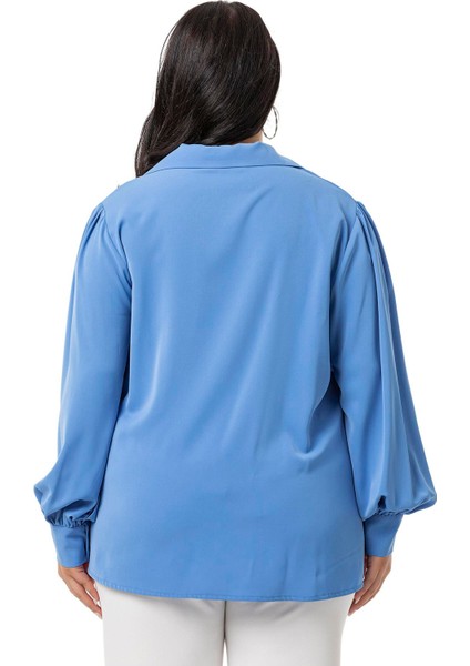 Büyük Beden Gömlek Yaka Manşetli Yanı Yırtmaçlı Indigo Bluz modelleri