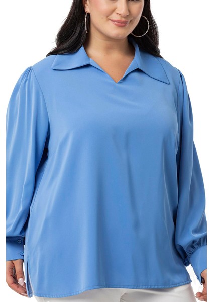 Büyük Beden Gömlek Yaka Manşetli Yanı Yırtmaçlı Indigo Bluz fırsatları