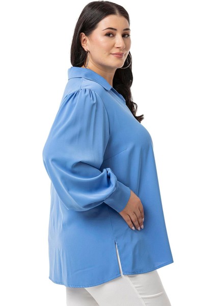 Büyük Beden Gömlek Yaka Manşetli Yanı Yırtmaçlı Indigo Bluz indirimleri