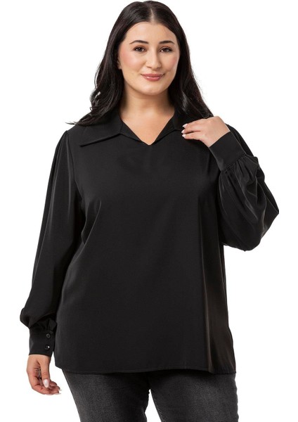 Büyük Beden Gömlek Yaka Manşetli Yanı Yırtmaçlı Siyah Bluz