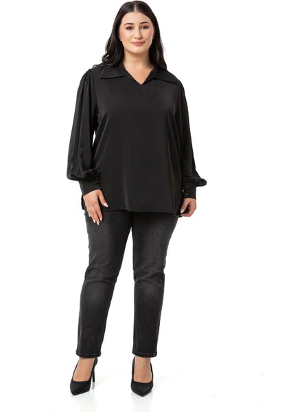 Büyük Beden Gömlek Yaka Manşetli Yanı Yırtmaçlı Siyah Bluz fiyatları