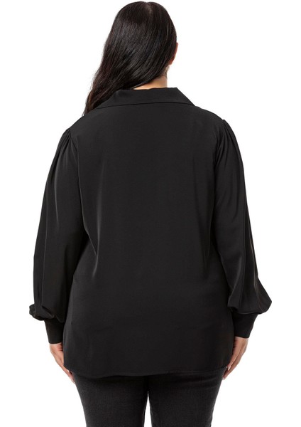 Büyük Beden Gömlek Yaka Manşetli Yanı Yırtmaçlı Siyah Bluz modelleri