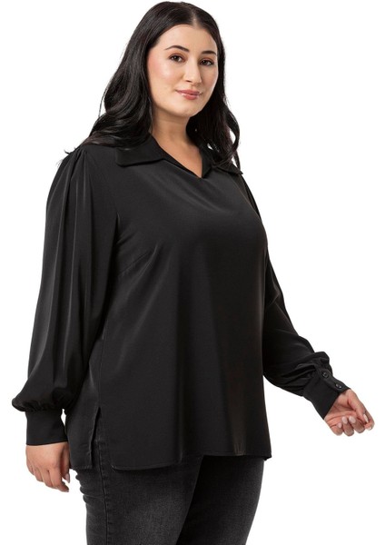 Büyük Beden Gömlek Yaka Manşetli Yanı Yırtmaçlı Siyah Bluz fırsatları