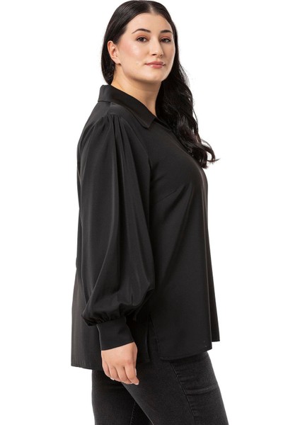 Büyük Beden Gömlek Yaka Manşetli Yanı Yırtmaçlı Siyah Bluz indirimleri