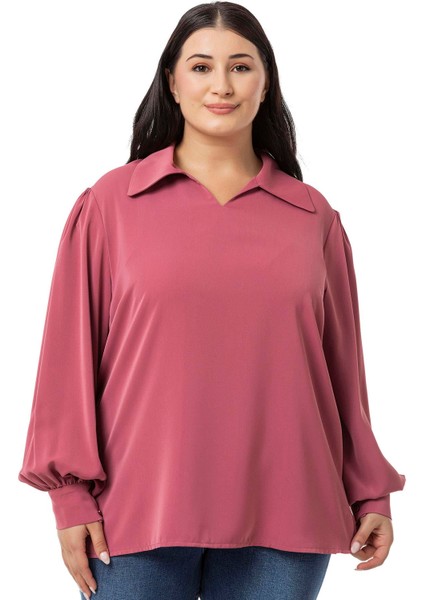 Büyük Beden Gömlek Yaka Manşetli Yanı Yırtmaçlı Gül Kurusu Bluz