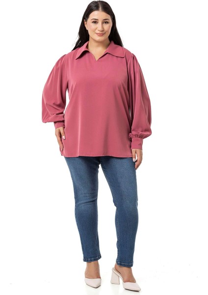 Büyük Beden Gömlek Yaka Manşetli Yanı Yırtmaçlı Gül Kurusu Bluz fiyatları