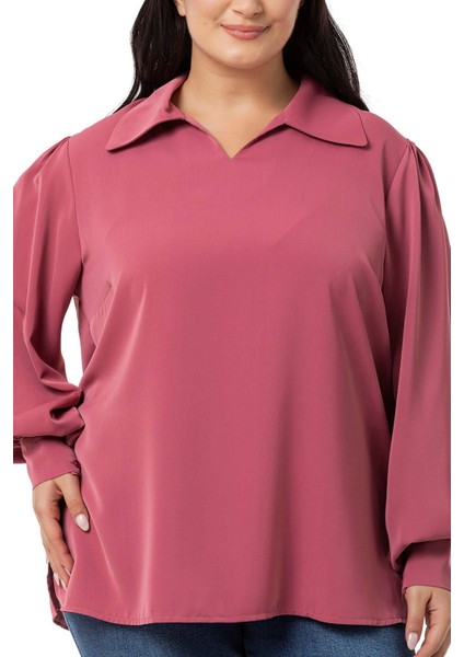 Büyük Beden Gömlek Yaka Manşetli Yanı Yırtmaçlı Gül Kurusu Bluz fırsatları