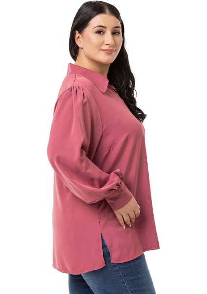 Büyük Beden Gömlek Yaka Manşetli Yanı Yırtmaçlı Gül Kurusu Bluz indirimleri