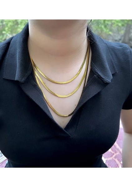 Altın / Gold Renk Italyan Yassı Ezme Zincir 3 Sıra Çelik Kolye