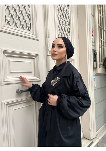 Arl Moda Kadın Oversize Taş Detaylı Düğme Kapamalı Trençkot