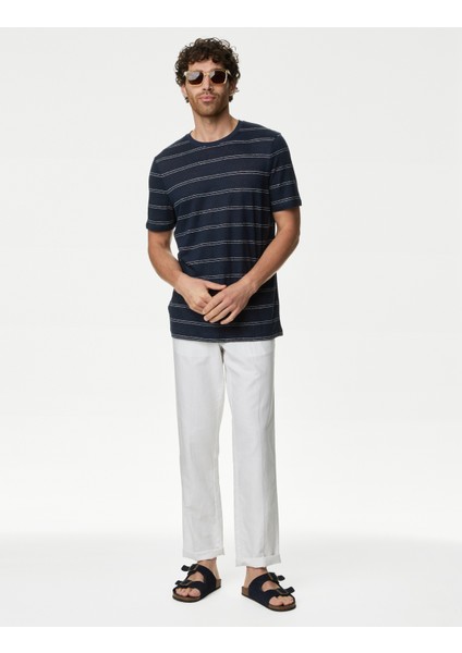 Kısa Kollu Çizgili Saf Keten T-Shirt