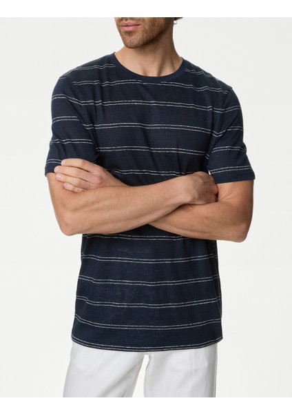 Kısa Kollu Çizgili Saf Keten T-Shirt fiyatları