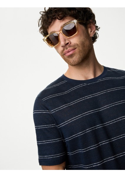 Kısa Kollu Çizgili Saf Keten T-Shirt modelleri