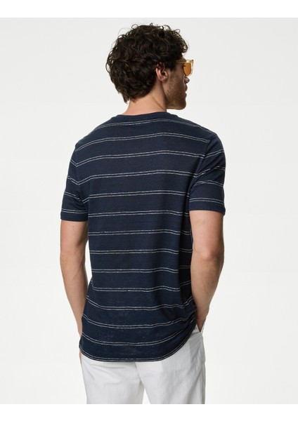 Kısa Kollu Çizgili Saf Keten T-Shirt fırsatları