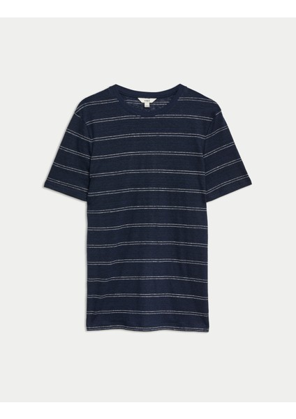 Kısa Kollu Çizgili Saf Keten T-Shirt indirimleri