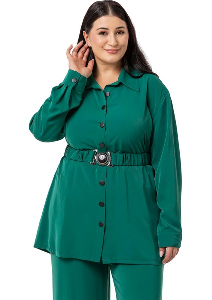 Büyük Beden Beli Kemerli Gömlek Pantolon Zümrüt Ikili Takım fiyatları