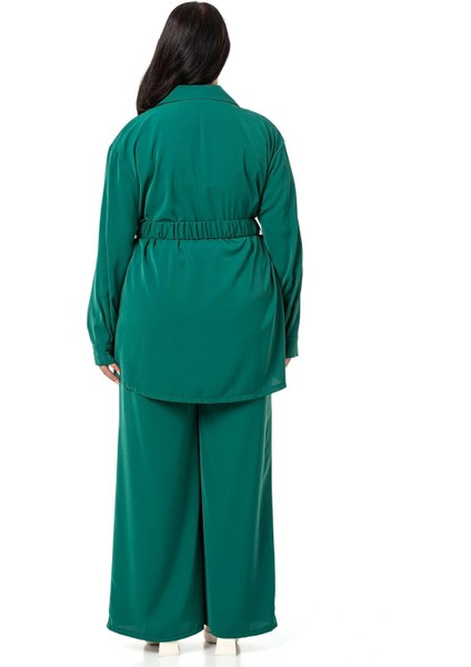 Büyük Beden Beli Kemerli Gömlek Pantolon Zümrüt Ikili Takım modelleri