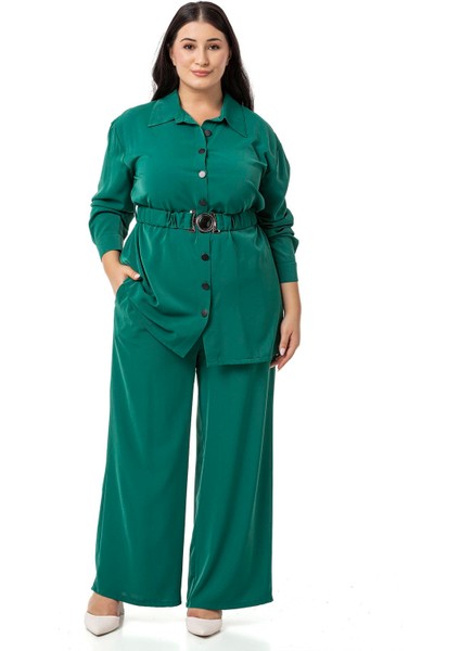 Büyük Beden Beli Kemerli Gömlek Pantolon Zümrüt Ikili Takım fırsatları