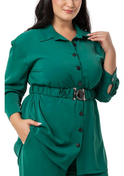 Büyük Beden Beli Kemerli Gömlek Pantolon Zümrüt Ikili Takım indirimleri