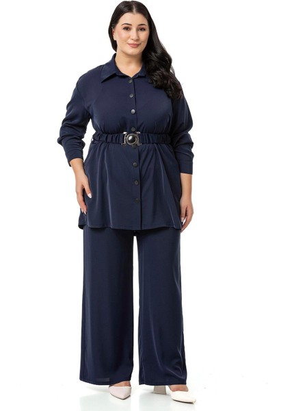 Büyük Beden Beli Kemerli Gömlek Pantolon Lacivert Ikili Takım