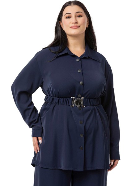 Büyük Beden Beli Kemerli Gömlek Pantolon Lacivert Ikili Takım fiyatları
