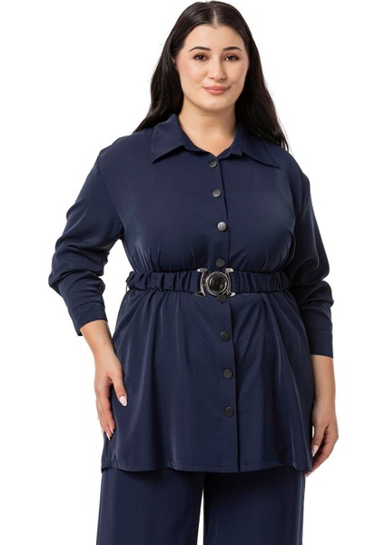 Büyük Beden Beli Kemerli Gömlek Pantolon Lacivert Ikili Takım indirimleri