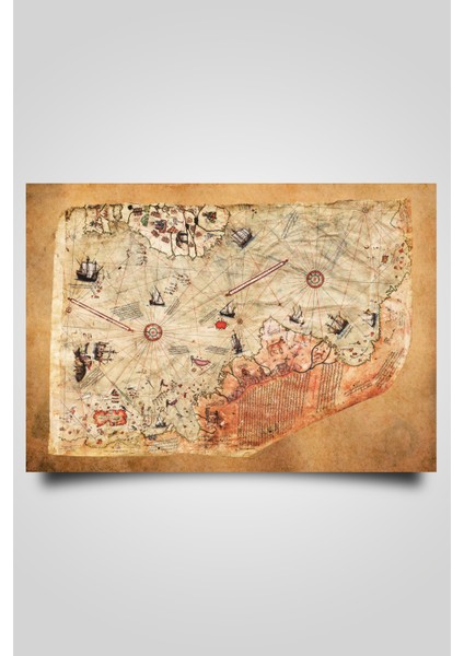 Piri Reis 1513 Dünya Haritası- Eskitme Zemin, Yazısız Yatay Veya Dik Kullanılabilen-Çerçevesiz Poster-Harita Sanatı, Map Art Design