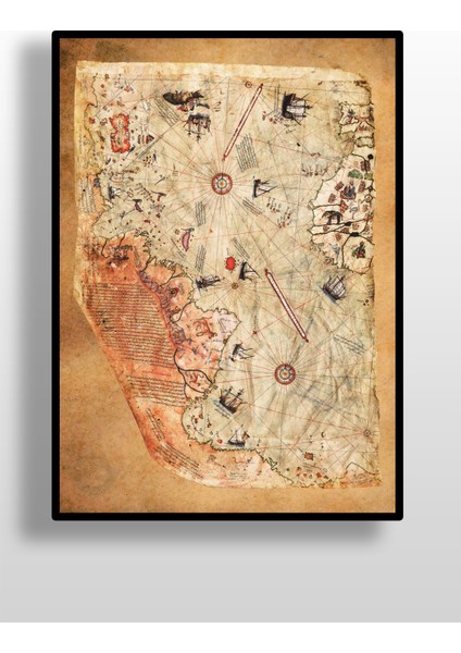 Piri Reis 1513 Dünya Haritası- Eskitme Zemin, Yazısız Yatay Veya Dik Kullanılabilen-Çerçevesiz Poster-Harita Sanatı, Map Art Design