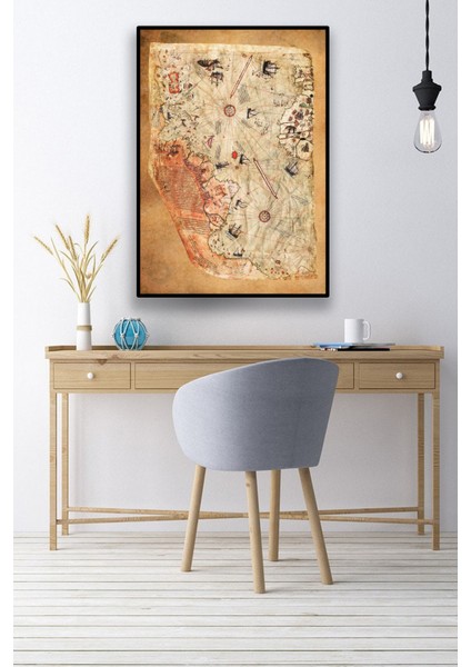 Piri Reis 1513 Dünya Haritası- Eskitme Zemin, Yazısız Yatay Veya Dik Kullanılabilen-Çerçevesiz Poster-Harita Sanatı, Map Art Design