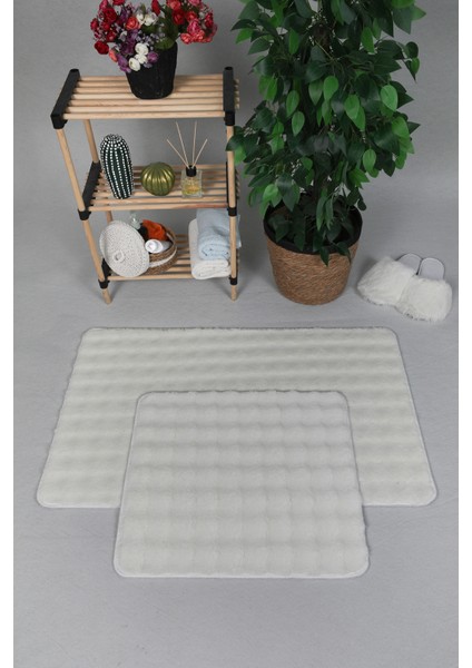 Modern Bubble Yıkanabilir Kaymaz Peluş Banyo Paspası Halısı 2'li Klozet Takımı 50X80-50X40CM Krem