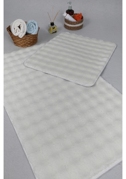 Modern Bubble Yıkanabilir Kaymaz Peluş Banyo Paspası Halısı 2'li Klozet Takımı 50X80-50X40CM Krem modelleri