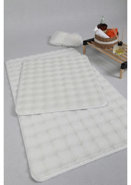 Modern Bubble Yıkanabilir Kaymaz Peluş Banyo Paspası Halısı 2'li Klozet Takımı 50X80-50X40CM Krem indirimleri