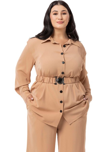 Büyük Beden Beli Kemerli Gömlek Pantolon Camel Ikili Takım fiyatları