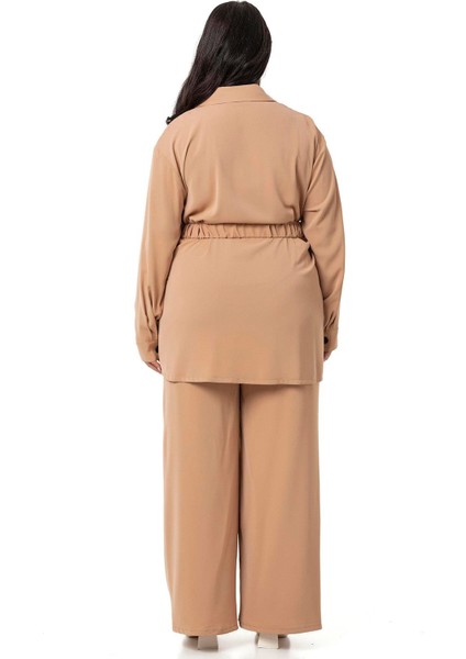 Büyük Beden Beli Kemerli Gömlek Pantolon Camel Ikili Takım modelleri