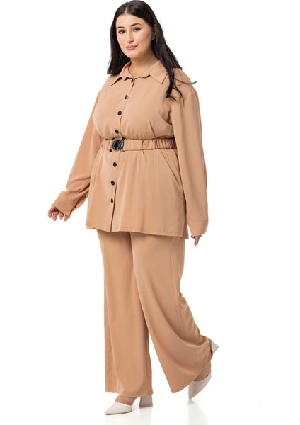 Büyük Beden Beli Kemerli Gömlek Pantolon Camel Ikili Takım fırsatları
