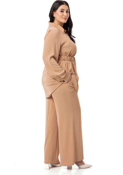 Büyük Beden Beli Kemerli Gömlek Pantolon Camel Ikili Takım indirimleri