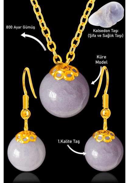 Sertifikalı Gold Küre Model Mavi Kalsedon Taşı Kolye ve Küpe Seti - Gümüş Aparatlı