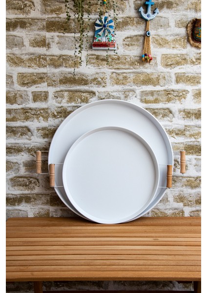 2 Li Ahşap Kulplu 51 cm Metal Tepsi ve 37 cm Beyaz Tepsi Çay Kahve Sunum Tepsisi