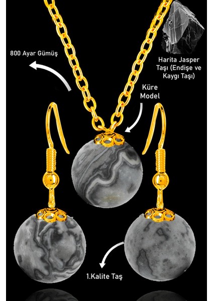 Sertifikalı Gold Küre Model Harita Jasper Taşı Kolye ve Küpe Seti - Gümüş Aparatlı