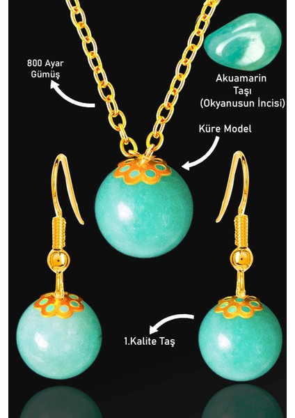 Sertifikalı Gold Küre Model Akuamarin Taşı Kolye ve Küpe Seti - Gümüş Aparatlı