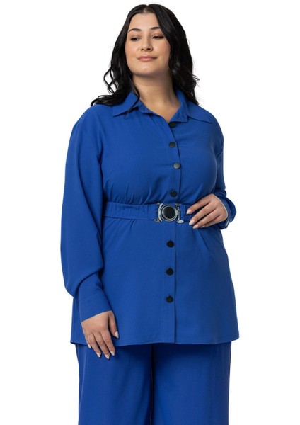 Büyük Beden Beli Kemerli Gömlek Pantolon Saks Mavi Ikili Takım fiyatları