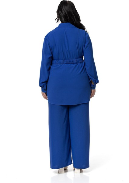 Büyük Beden Beli Kemerli Gömlek Pantolon Saks Mavi Ikili Takım modelleri
