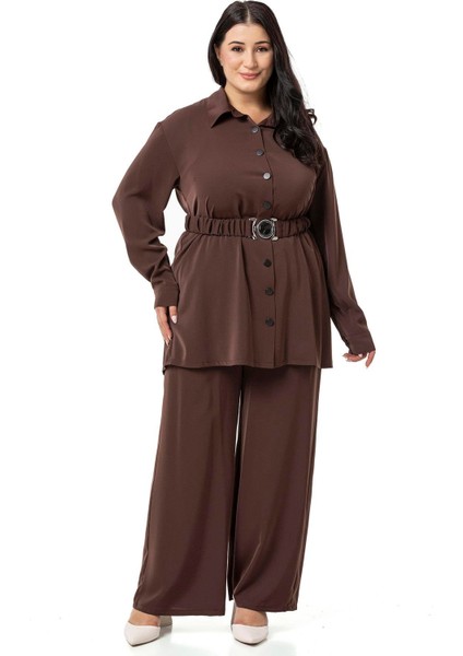 Büyük Beden Beli Kemerli Gömlek Pantolon Kahverengi Ikili Takım
