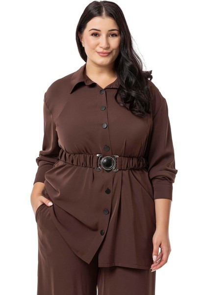 Büyük Beden Beli Kemerli Gömlek Pantolon Kahverengi Ikili Takım fiyatları