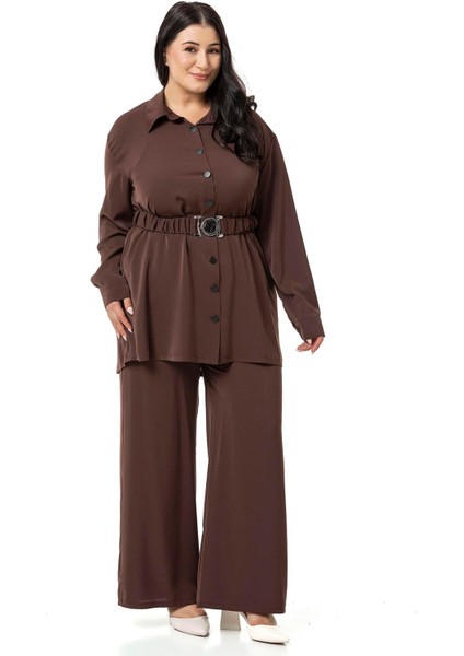 Büyük Beden Beli Kemerli Gömlek Pantolon Kahverengi Ikili Takım fırsatları
